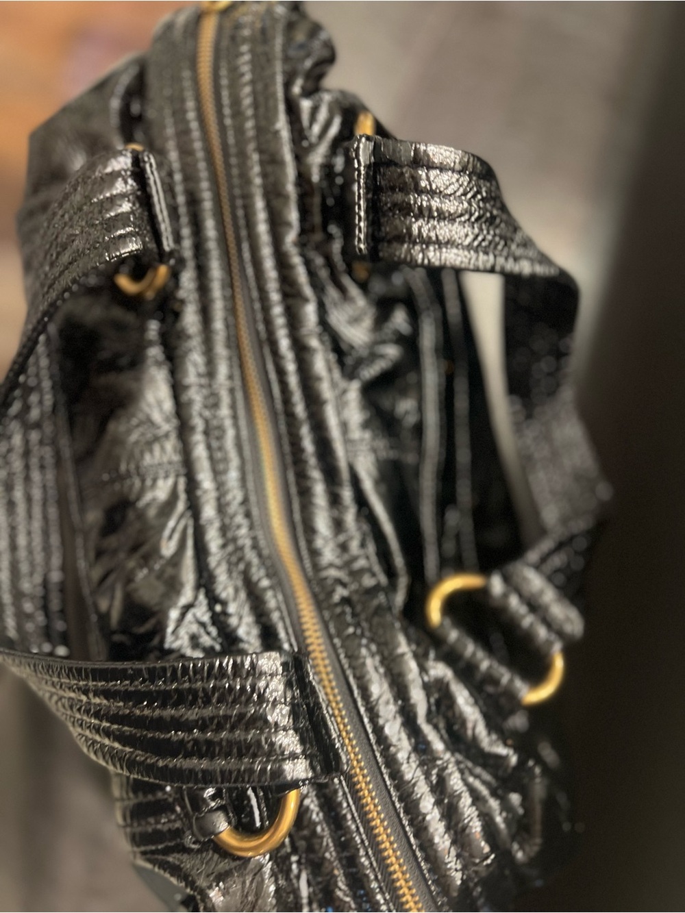 Vintage Kooba Black Crinkled Patent Leather Hobo Shoulder Bag - Gold Hardware - Picture 12 of 16